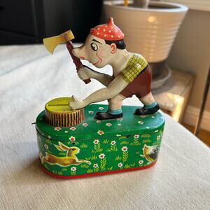 Lemezarugyar Hungary Tin Toy Litho Mechanical Money Box Woodsman Axe Vtg Coin